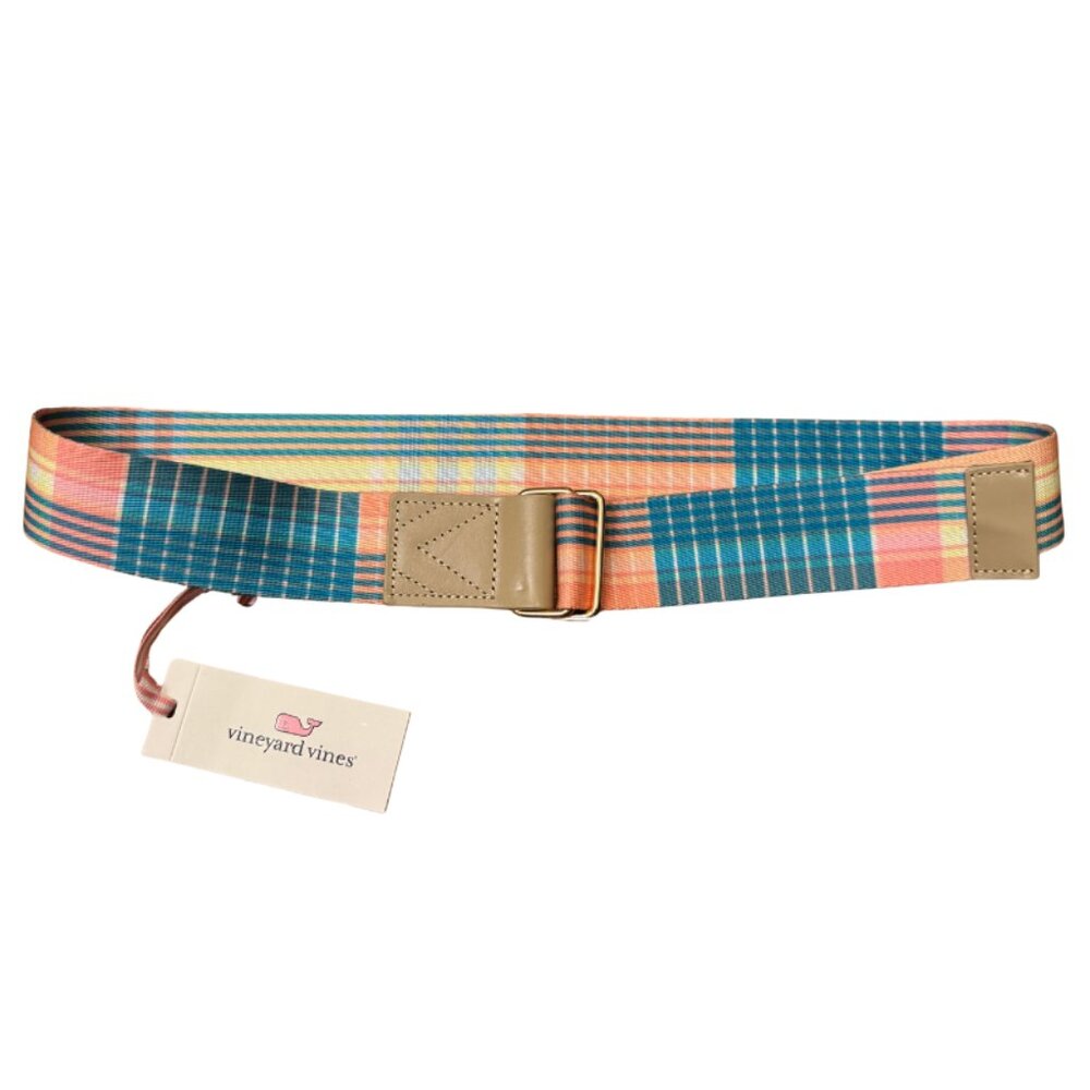 Vineyard Vines Punch Plaid Woven Belt Size M Plaid-Lemon Tart NEW